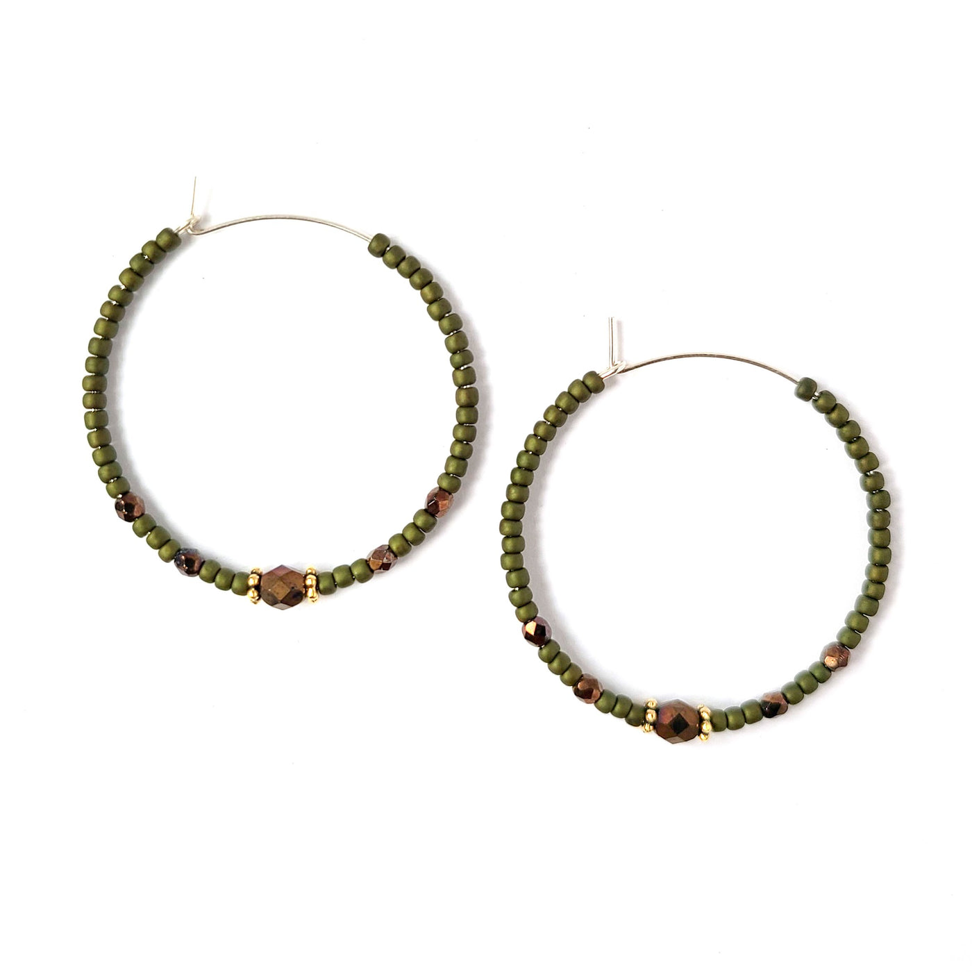 Topaz & Pearl Earrings Bronzed Hoops, Army Green
