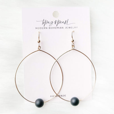 Topaz & Pearl Earrings Gold Simple Bead Hoops, Matte Onyx