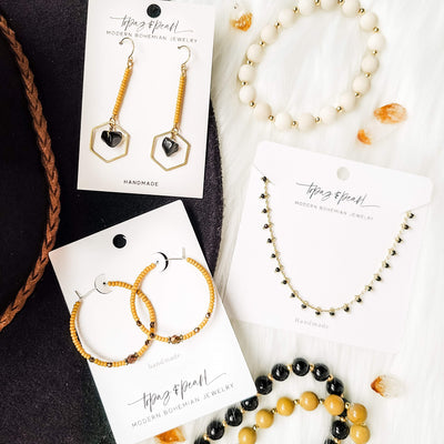 Topaz & Pearl Earrings Hexagon Drop Earrings, Obsidian & Mustard