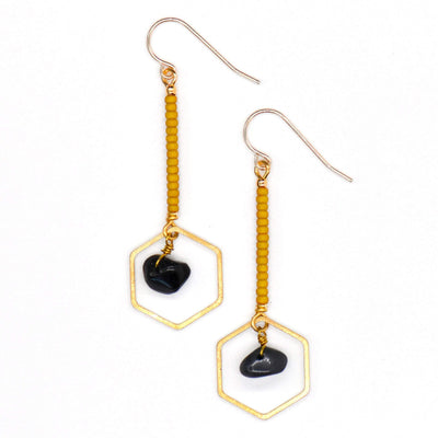 Topaz & Pearl Earrings Hexagon Drop Earrings, Obsidian & Mustard