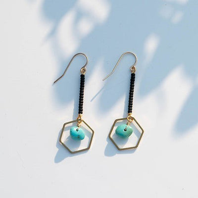 Topaz & Pearl Earrings Hexagon Drop Earrings, Turquoise & Matte Black