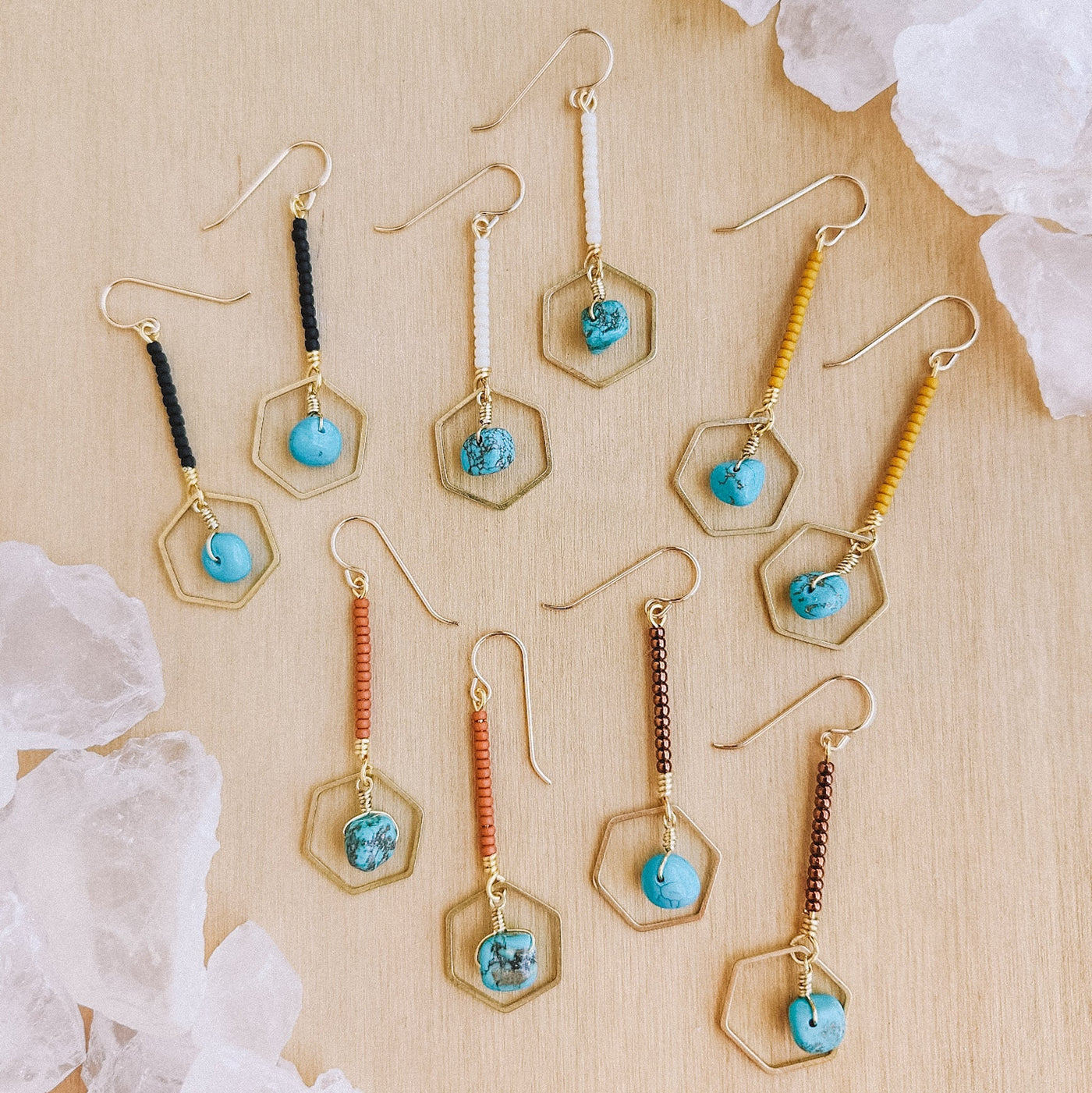 Topaz & Pearl Earrings Hexagon Drop Earrings, Turquoise & Matte Black