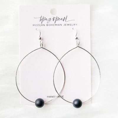 Topaz & Pearl Earrings Silver Simple Bead Hoops, Matte Onyx