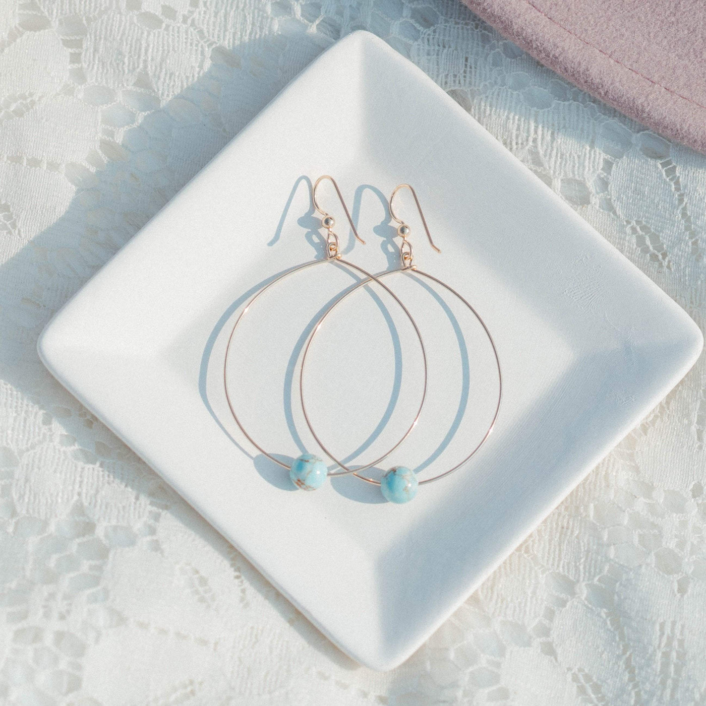 Topaz & Pearl Earrings Simple Bead Hoops, Icy Turquoise
