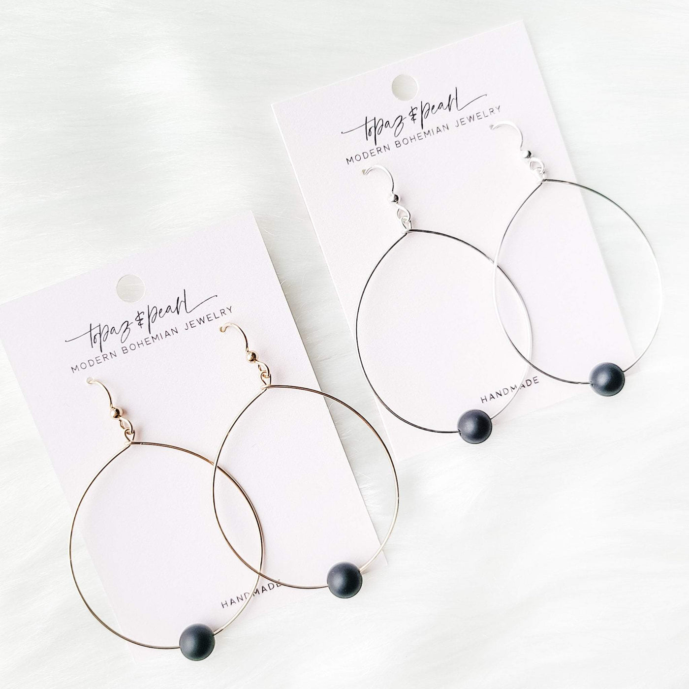 Topaz & Pearl Earrings Simple Bead Hoops, Matte Onyx