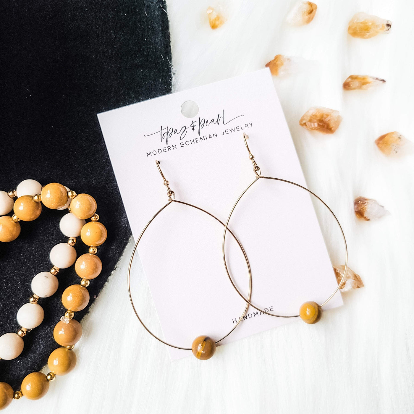 Topaz & Pearl Earrings Simple Bead Hoops, Mustard Mookaite