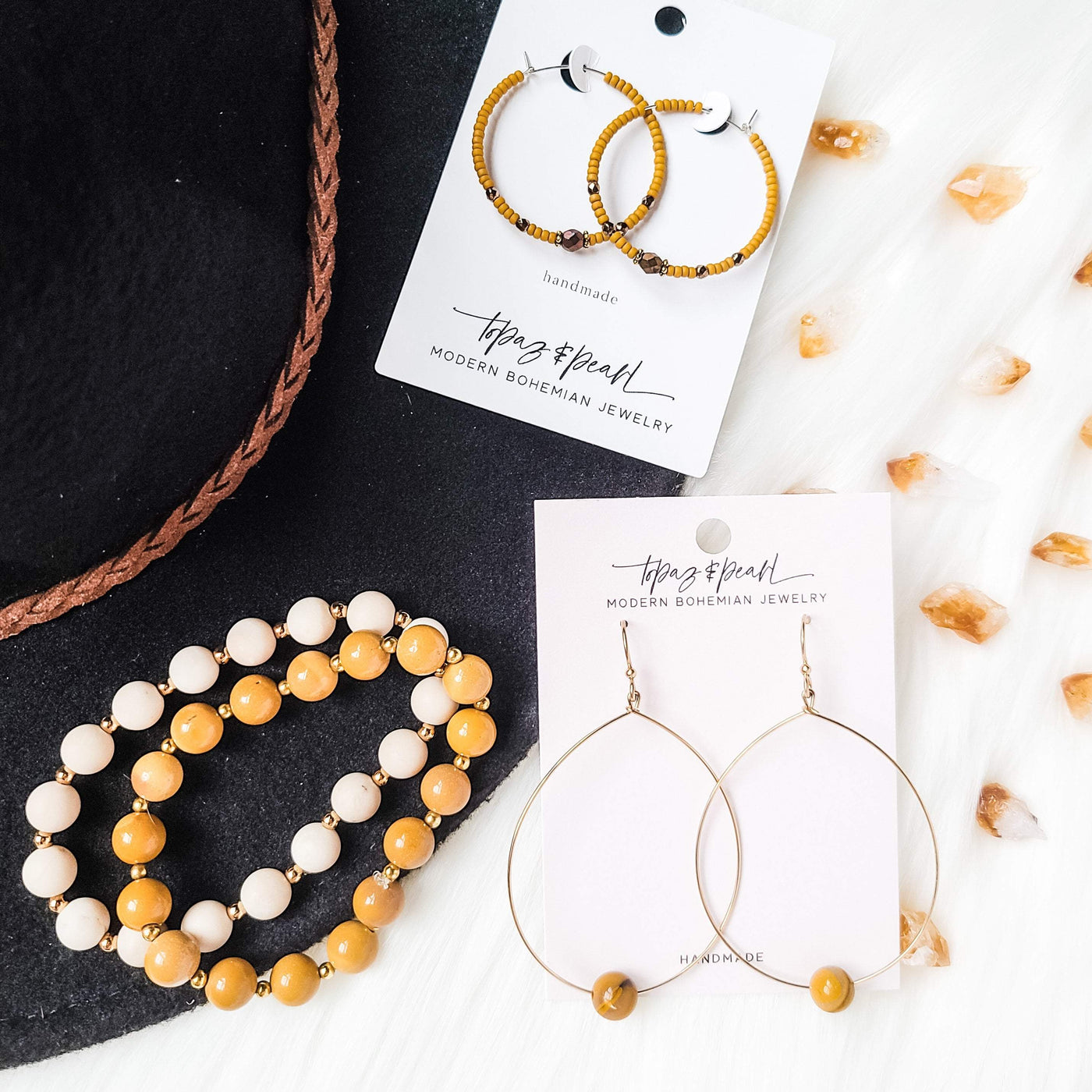 Topaz & Pearl Earrings Simple Bead Hoops, Mustard Mookaite