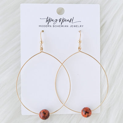 Topaz & Pearl Earrings Simple Bead Hoops, Orange Brown Jade