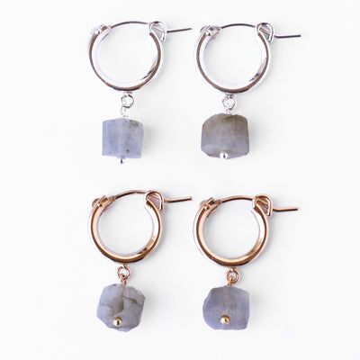 Topaz & Pearl Earrings Sterling Silver / Labradorite Raw Gemstone Huggies