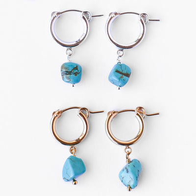 Topaz & Pearl Earrings Sterling Silver / Turquoise Raw Gemstone Huggies